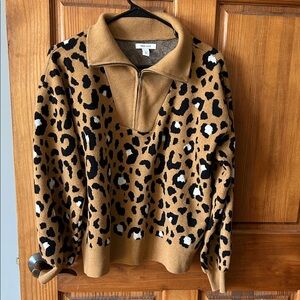 Nine West Tan and Black Leopard Zip-Up Sweater